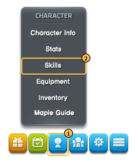 Character button (1), then Skills (2). The same menu opens Stats, Equipment and Inventory.