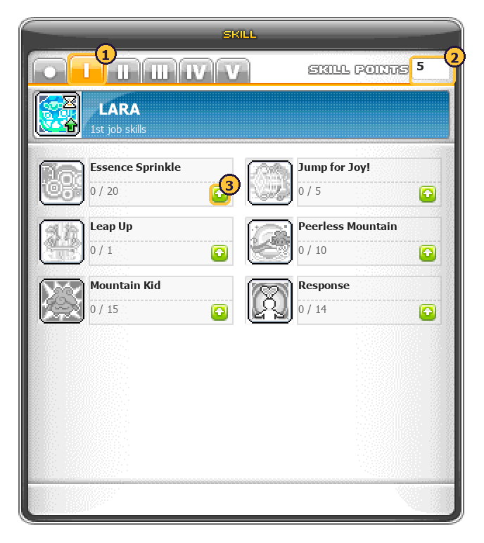 A new level-10 Lara: 5 skill points waiting (2) and every skill still at 0. Press + (3) to learn one.